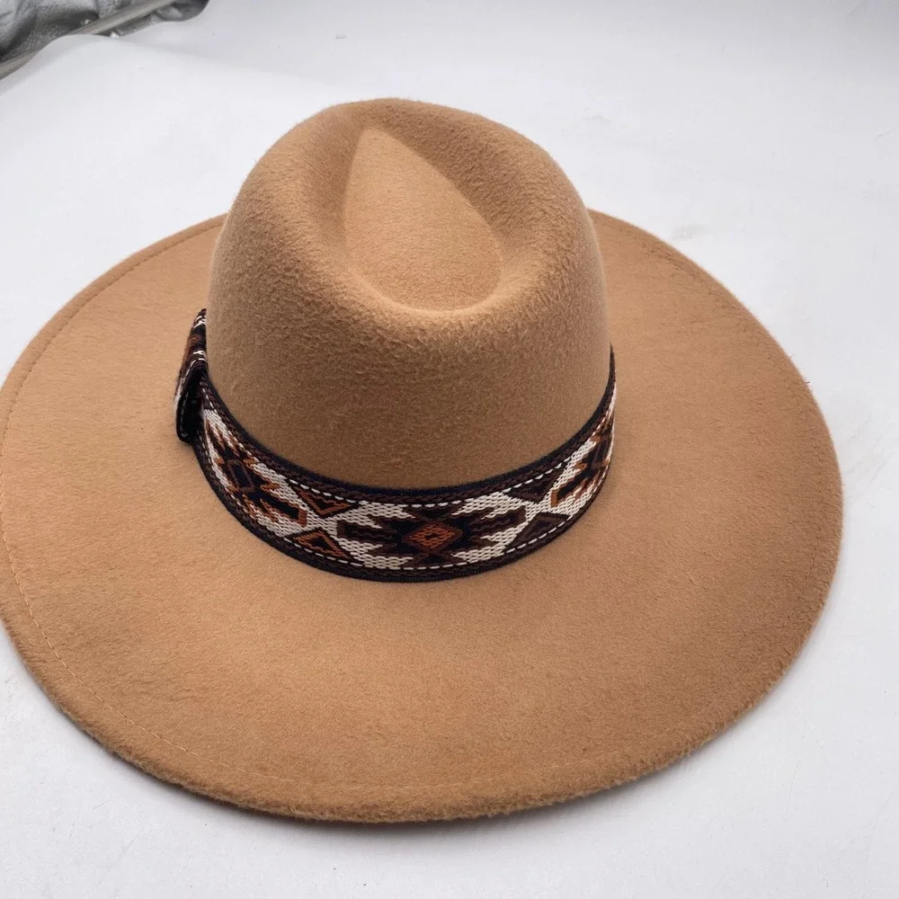 Wide Brim Fedora Hat OSFM Tan Southwestern Band Western Boho Adjustable vGC